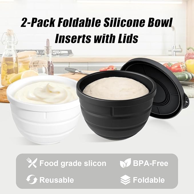 Foldable Silicone Liners for 5 Qt KitchenAid Tilt-Head Stand Mixer(Only), Odourless,Thicker, Cold/Heat-Resistant & Non-Stick, Easy Clean, Set of 2 with Lids, 1Splash-proof Bowl Lid
