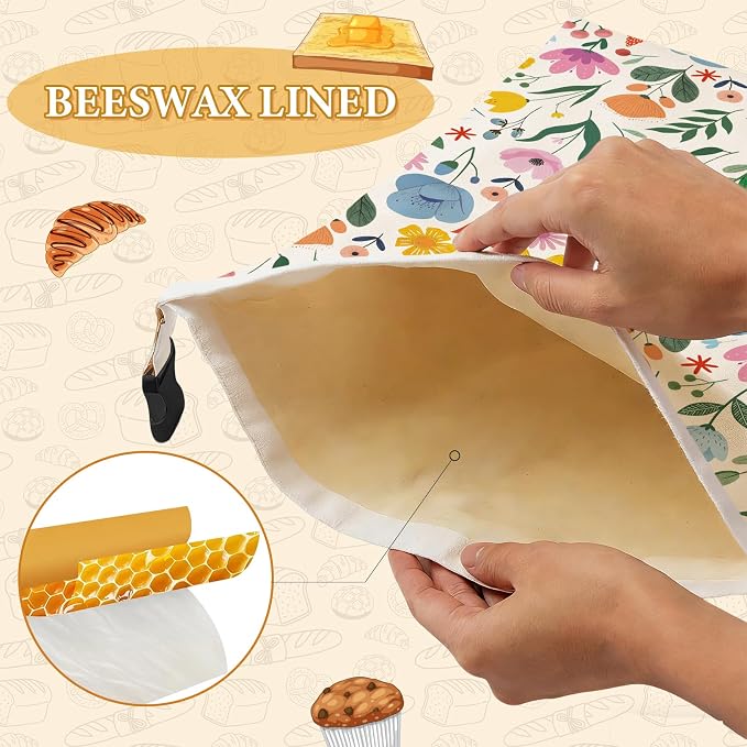 2 Pack Beeswax Bread Bags for Homemade Sourdough, 17x13 Inch Reusable Beeswax Lined Bread Bag with Buckle to Keeps Bread Freshness for Food Storage(Colorful Flowers)