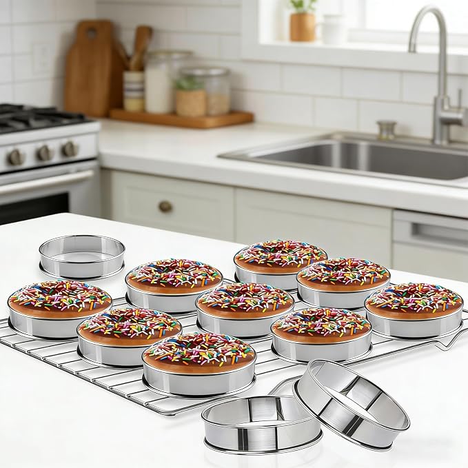 20 Pack English Muffin Rings 3 Inch Stainless Steel Crumpet Rings with Oil Brush, Metal Pastry Ring Mold Double Rolled Tart Rings for Baking Kitchen Food Making