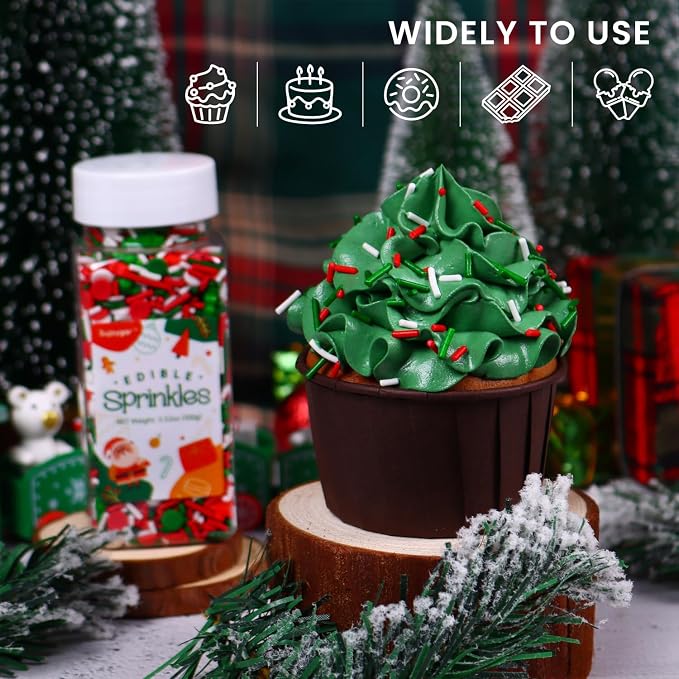 Christmas Jimmies Sprinkles for Cake Decorating, 3.52oz Edible Red Green Sprinkles for Cupcake Toppers Baking Cookie Ice Cream Dount Chocolate Christmas Food Decoration