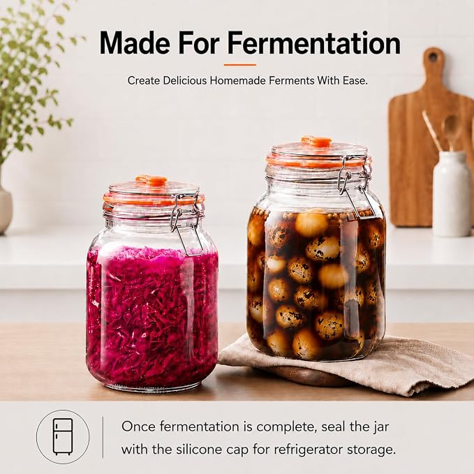 Fermenting Jars, 1.5L Fermentation Kit With Glass Weights, 2-Pack | Wide-Mouth 2L Glass Jar With Self-Venting Airlock, Ideal For Sauerkraut, Kimchi, Pickles And Other Homemade Ferments