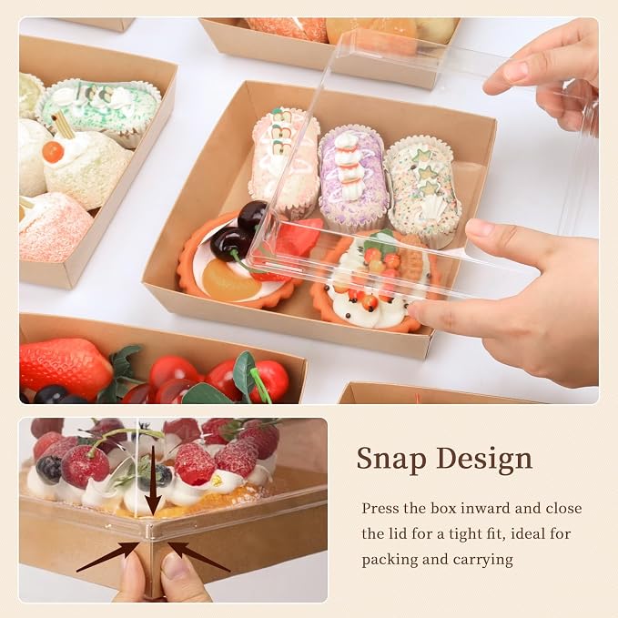 7 x 7 x 2.6 Inches Large Charcuterie Boxes with Clear Lids, 50 Pack Disposable Square Brown Bakery Boxes, To Go Paper Food Container for Cake Slices, Sandwiches, Cookies, Dessert