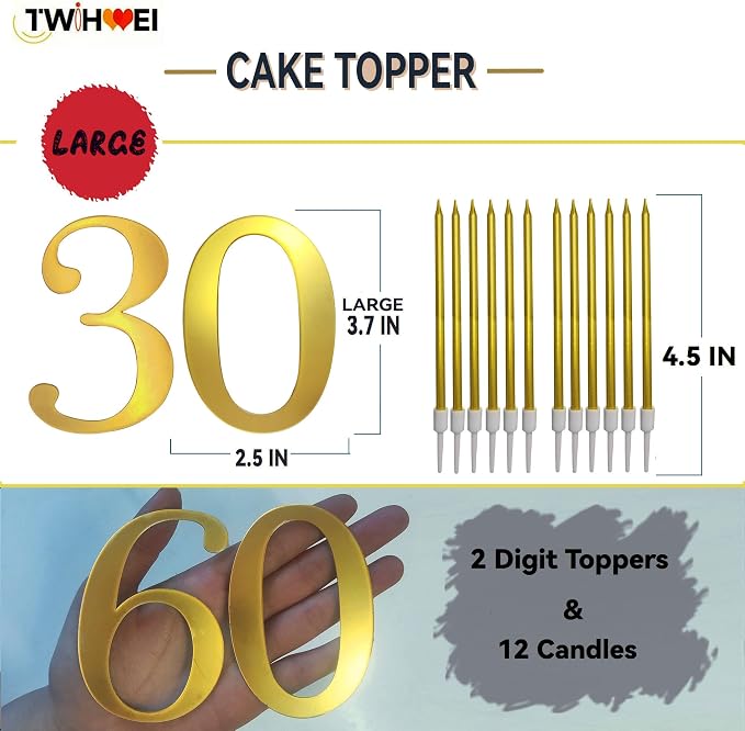 3.7IN Gold Acrylic Number 1-10 Cake Topper with 12 Gold Long Candles - Perfect for Birthday Party Supplies, Ideal for Cake Decoration (Number 30, Gold)
