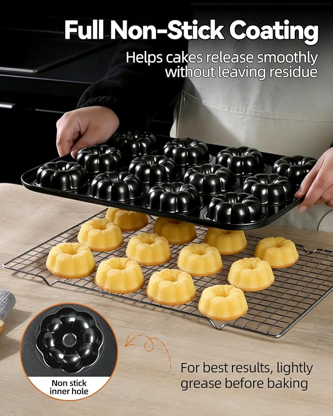 2 Pack Mini Bundt Cake Pans for Baking, 12-Cavity Nonstick Mini Bundtlette Baking Mold, Heavy-Duty Carbon Steel, Oven-Safe to 450℉ Versatile Fluted Bake Pan for Muffins, Brownies, Cupcakes, Mini Cakes
