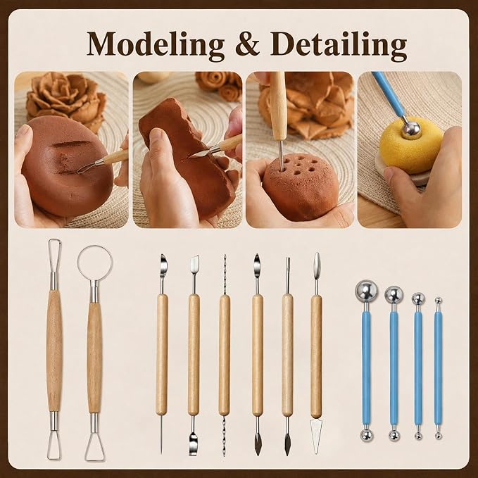 47PCS Pottery Tools Kit, Clay Sculpting and Ceramic Carving Tools for Polymer Clay Modeling, Shaping, Trimming and and DIY Art Projects, for Beginners and Artists