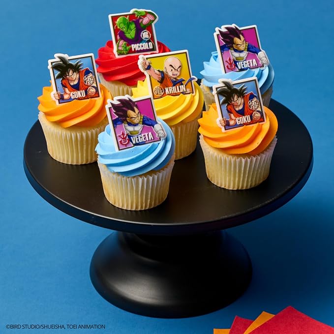 24 Dragon Ball Z Cupcake Rings | DecoPac Cupcake Toppers Featuring Goku, Vegeta, Krillin, Piccolo | Food Safe Square Decorations - 24 Pack