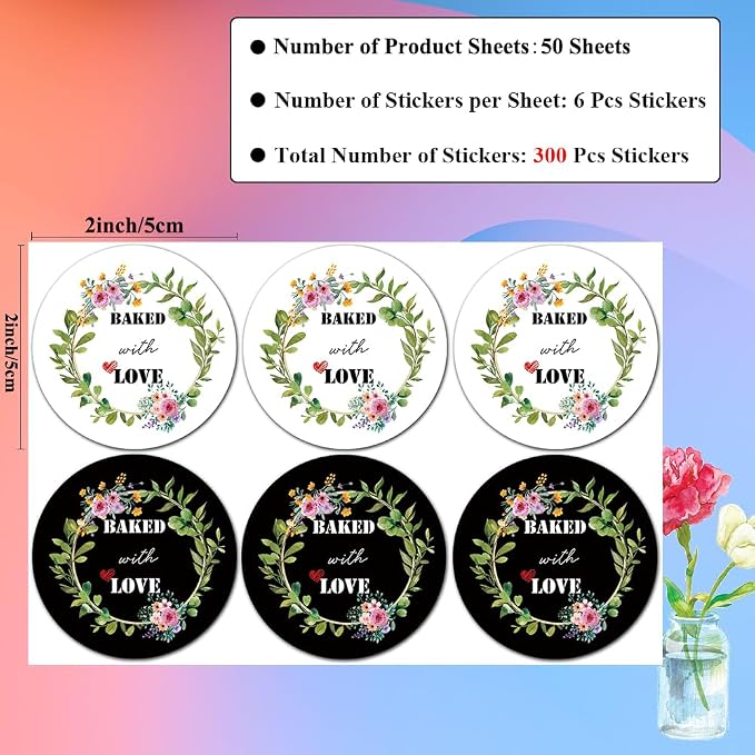 300 Pcs Baked with Love Stickers, 2 Inch Round Baking Labels, Kraft Baked Tags, Homemade Baking Stickers for Cookie Bags, Dessert Boxes