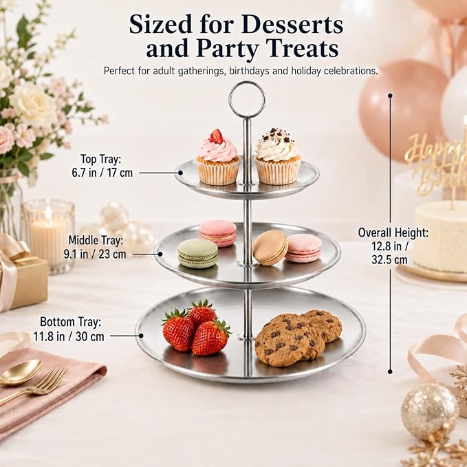 YOUNTHYE 2 Pack Silver Cupcake Stand, 3 Tier Stainless Steel Tiered Serving Tray, Dessert Display Stand for Cupcakes, Cookies, Fruit, Wedding, Birthday, Tea Party and Holiday Table