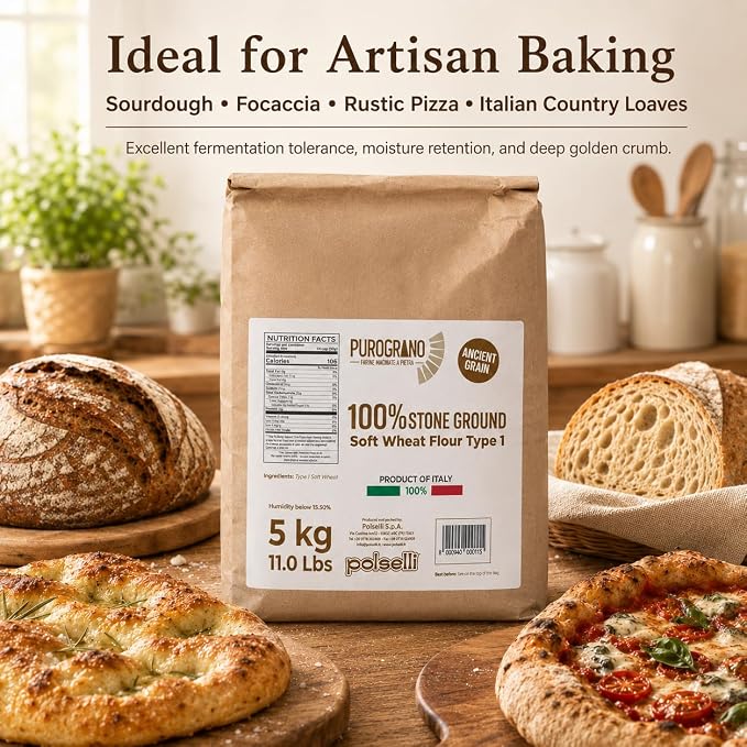 POLSELLI PuroGrano, 100% Stone Ground, Type 1 Soft Wheat Flour, 5 kg | Ancient Italian Grain For Sourdough Bread And Artisan Baking, Unbleached, Unbromated, No Additives, Product Of Italy.