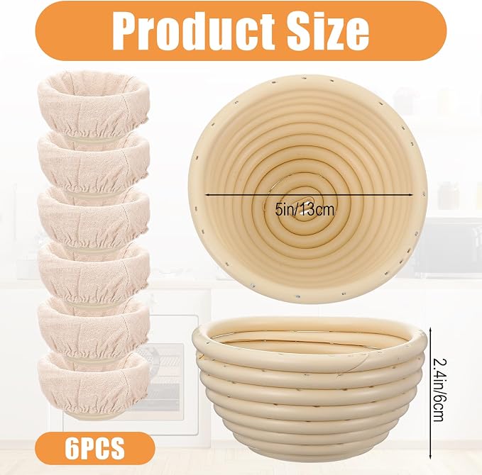 6 Pack 5 Inch Banneton Bread Proofing Basket Mini Banneton Basket Proofing | Small Sourdough Breads Baking, Round Dough Bakery Baking Bread Bowl, Liner, with Cloth Lining,for Handmade Kitchen Supplies