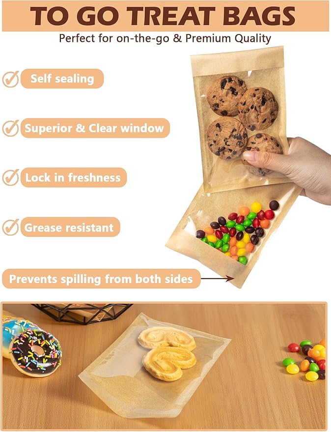 100 Pack Self Sealing Cookie Bags with Seal, 4x6 Inch Cookie Bags with Window for Gift Giving, Grease Resistant Bakery Treat Packaging for Candy, Snack, Scone, Brownie, Small Pastries and other Treats