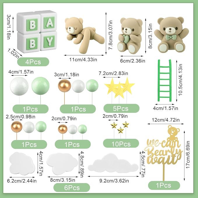 Yinder Bear Cake Toppers Mini Bear Cake Decorations Cake Toppers Gold White Pearl Ball for Birthday Party Decorations(Green, Brown,Cute Style)