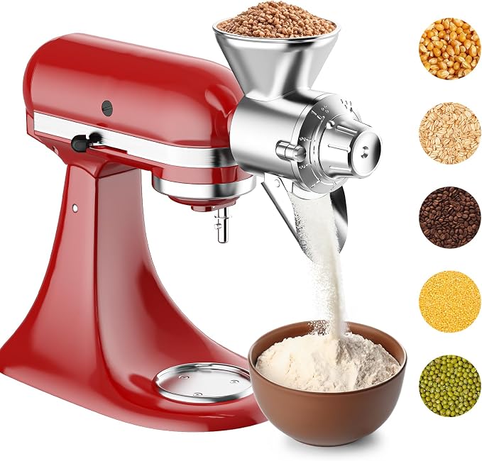 Metal Grain Mill Attachment for KitchenAid Stand Mixer, Flour Mill Grinder for Kitchen Aid Accessories and Attachments, Fit for Grinding Non-Oily Dry Grain Corn, Coffee Bean, Buckwheat, Oats, Millet