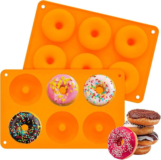 2er Pack Silicone Donut Mold - Non-Stick Silicone Doughnut Pan DIY Chocolate Baking Cookie Molds, Heat Resistant, Make Donut Cake Biscuit Bagels, BPA Free Dishwasher Safe (orange, 6 Cavities)