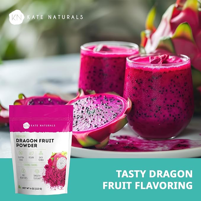 Kate Naturals Dragon Fruit Powder for Baking & Drinks (4oz). Vegan, Gluten Free Dried Pink Pitaya Powder for Dragonfruit Syrup, Smoothies & Food Coloring