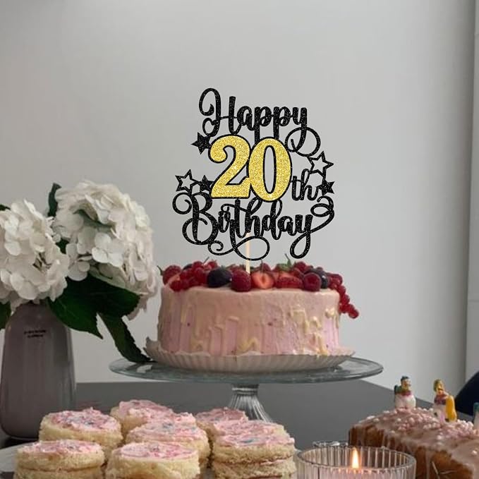 1 PCS Happy 20th Birthday Cake Topper Black Gold Glitter Cheers to 20 Years Birthday Cake Pick Hello 20 Fabulous Cake Decoration for Happy 20th Birthday Anniversary Party Decorations Supplies