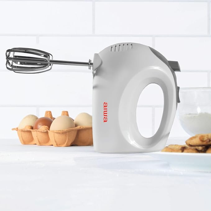 AIWA 5-Speed Hand Mixer with Eject Button, Electric Handheld Mixer for Cream, Batter, Eggs & Baking, Stainless Steel Beaters, Dishwasher-Safe, Lightweight Compact Design, White