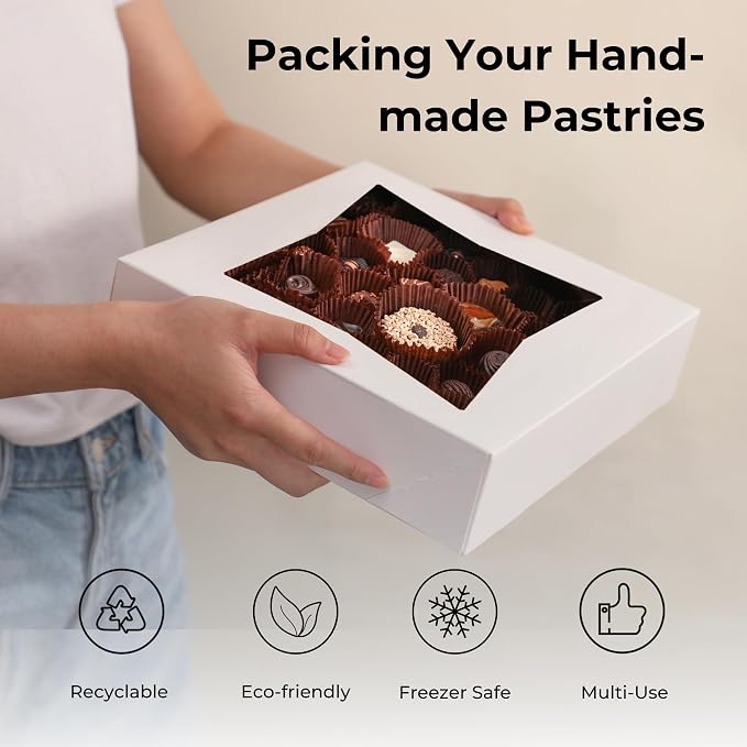 Fit Meal Prep [25 Pack] Pie Boxes with Window 9x9x2.5 White Pastry Boxes Auto Pop-up Bakery Containers for Dessert, Cookies, Cheesecake Treat Box for Packaging