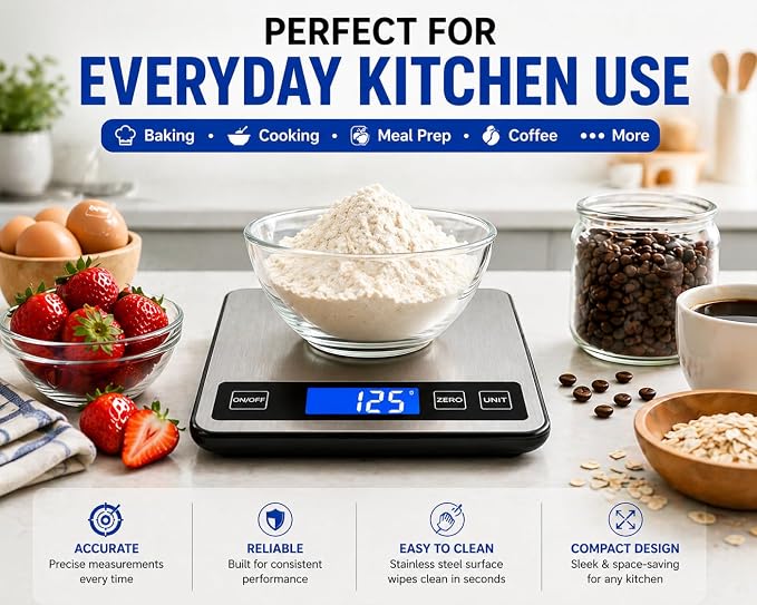 Digital Kitchen Scale 10kg/22lb, Food Scale Grams and Ounces, 1g High Precision, USB Rechargeable, Stainless Steel, Tare Function, LCD Display, Multi-Unit for Baking, Cooking & Meal Prep