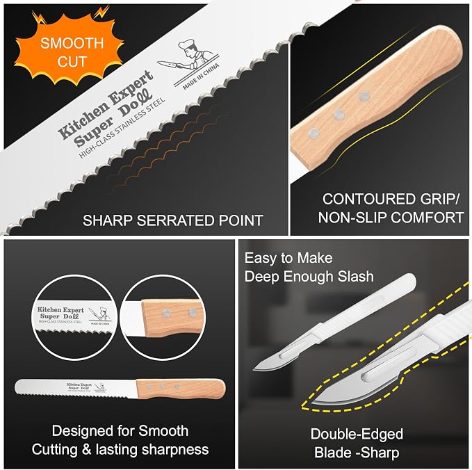 2-Pack Bread Knife & Bread Lame Set: 8" Premium Stainless Steel Serrated Knives Blade with Wood Handle for Homemade Bread, Sourdough Tomato, Bagel + Dough Scoring Tool for Razor Sharp Carving