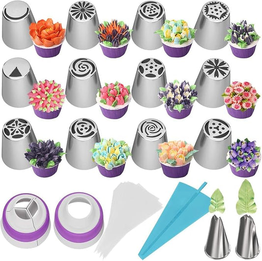 Stainless Steel Russian Piping Tips Set, Extra Large Flower Icing Nozzles, Cupcake Frosting Supplies with Leaf Tips, Couplers, Disposable Pastry Bags, Reusable Piping Bag (Silver,27 PCS)