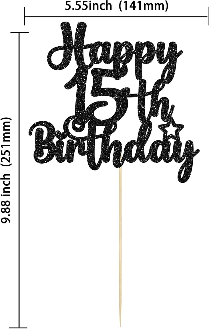 Gyufise 1Pc Happy 15th Birthday Cake Topper Glitter 15 & Fabulous Cheers to 15 Years Old Cake Pick for Celebrating 15th Birthday Anniversary Party Cake Decorations Supplies Black