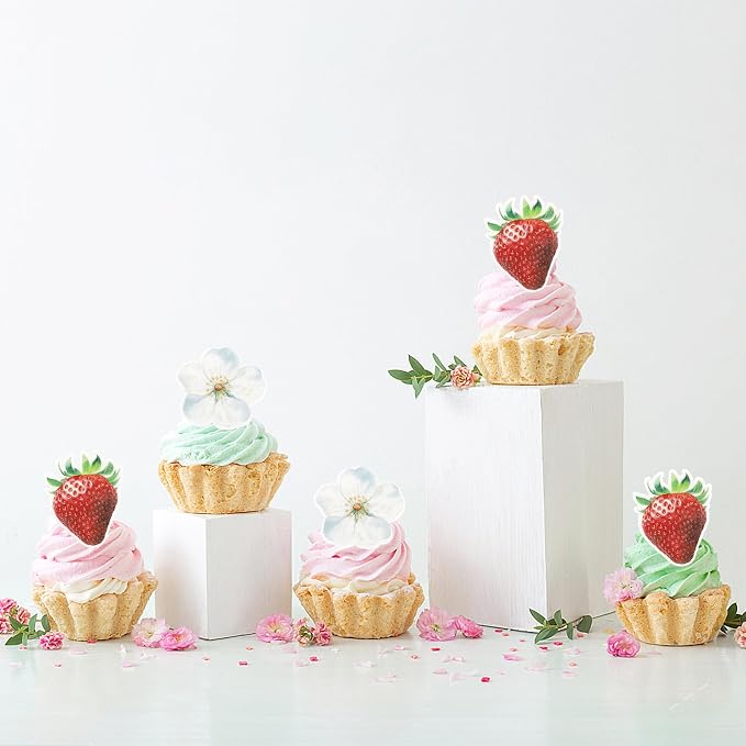 60 Pack Edible Sweet Strawberry Flower Cupcake Toppers First Birthday Strawberry Cake Toppers Rice Paper Wafer Paper Cake Picks for Fruit Baby Shower 1st Berry Sweet Kids Birthday Cake Decorations