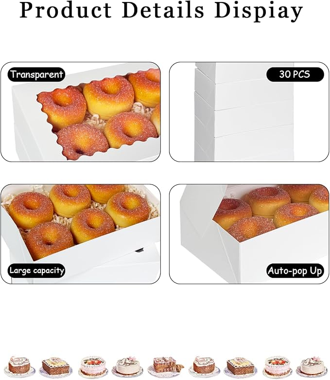 qiqee Auto-pop up Cookie Box with Window 9x6x2.5 Inch White 50Pcs Pastry Macaron Bakery Pie Box For Packaging
