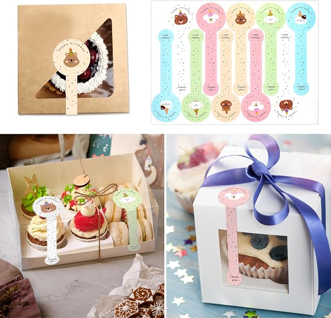 300pcs Happy Birthday Handmade Lollipop Baking Stickers for Cake Box/Tin/Jar/Coffee Cup/Bottle, Long Label Animal Sealing Bakery Stickers for Gift Wrapping Self-Adhesive Tamper Evident Seal Labels