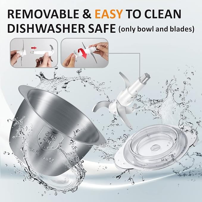 Food Processor Cordless Vegetable Chopper with 5 Cup Stainless Steel Bowl＆6000mAh USB Rechargeable Battery, Electric Garlic Meat Choppers BPA-free Baby Food Processors Blender Mincer, 2 Speeds (White)