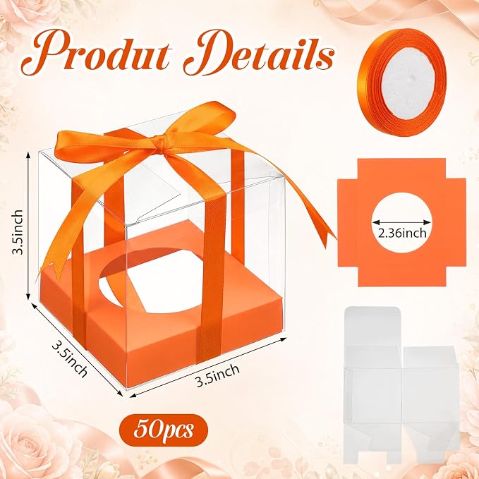 Thenshop 50 Pcs Clear Cupcake Boxes Individual 3.5 Inch Plastic Single Cupcake Containers Boxes with Inserts and Ribbon Individual Cake Storage Holders for Cake Kitchen(Orange)
