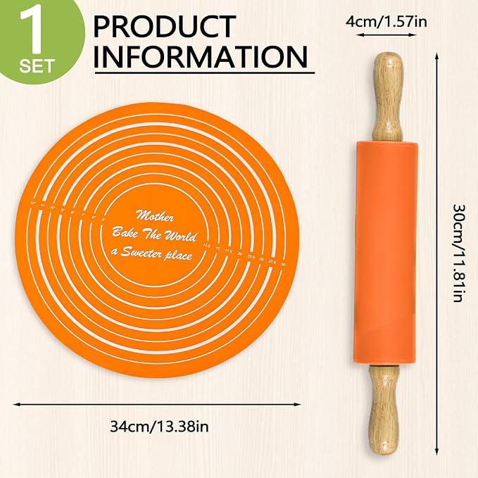 Silicone Rolling Pin Backing Mat Set, 13" Dough Roller with Non Stick Pastry Sheet, Small Fondant Roller Round Kneading Mat for Bread Cookie Pie Pizza Sourdough Kitchen (Orange)