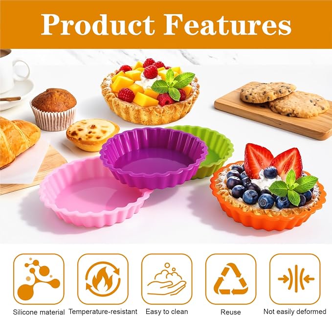 8 Pack Silicone Tart and Pie Molds, 4.2 Inches Round Baking Molds, Small Fluted Cake Pans Mini Quiche Tart Pans for Baking Pies, Tarts, Cakes, Small Dessert DIY (Random Color)
