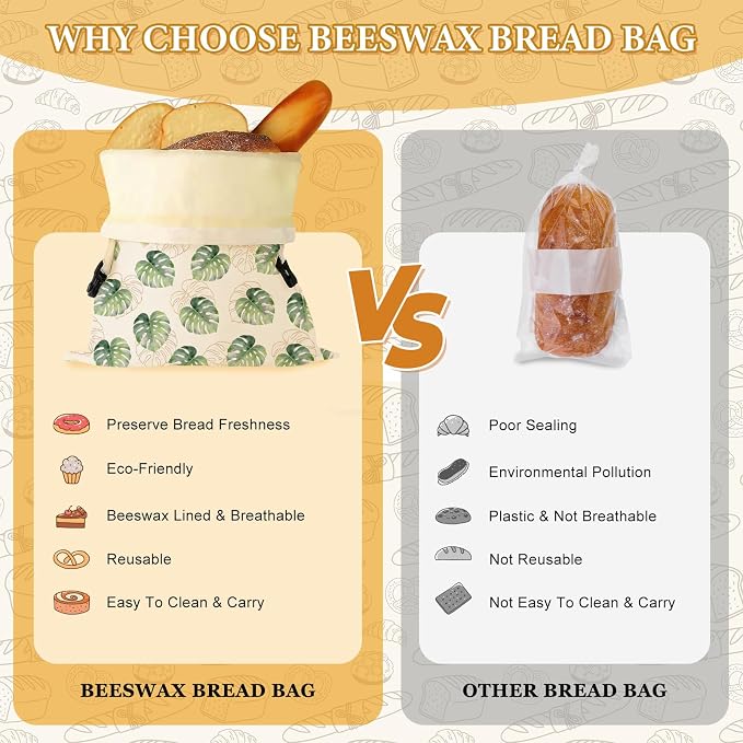 2 Pack Beeswax Bread Bags for Homemade Sourdough Bread, 17x13 Inch Reusable Linen Beeswax Bread Bag with Buckle to Keeps Bread Freshness for Food Storage(Palm Leaves)