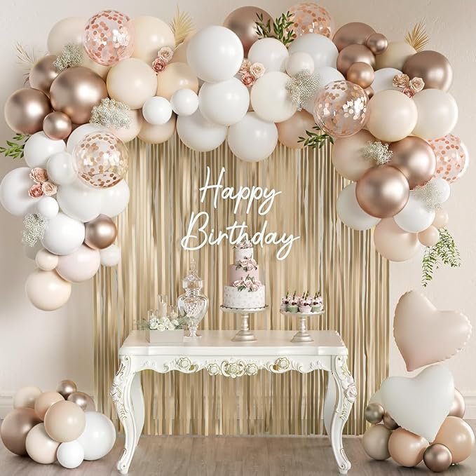 White and Champagne Gold Balloons Garland Arch Kit with Rose Gold Fringe Curtain for Woman Girl Princess Engagement Bridal Shower Wedding Baby Shower Boho Birthday Party Decorations