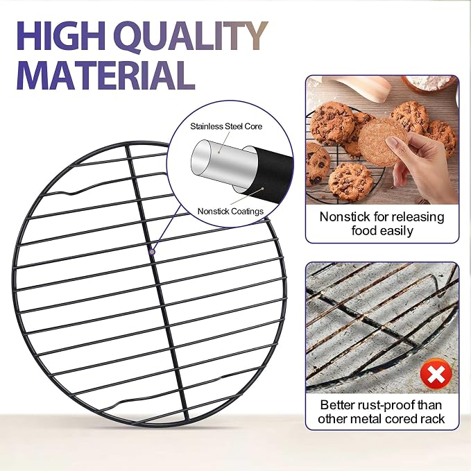 P&P CHEF 7½ Inch Cooking Rack Round, Stainless Steel Round Rack for Cooking Cooling Steaming Baking, Fit Air Fryer Pot Pressure Cooker, 2 Pack -Oven Safe, Black