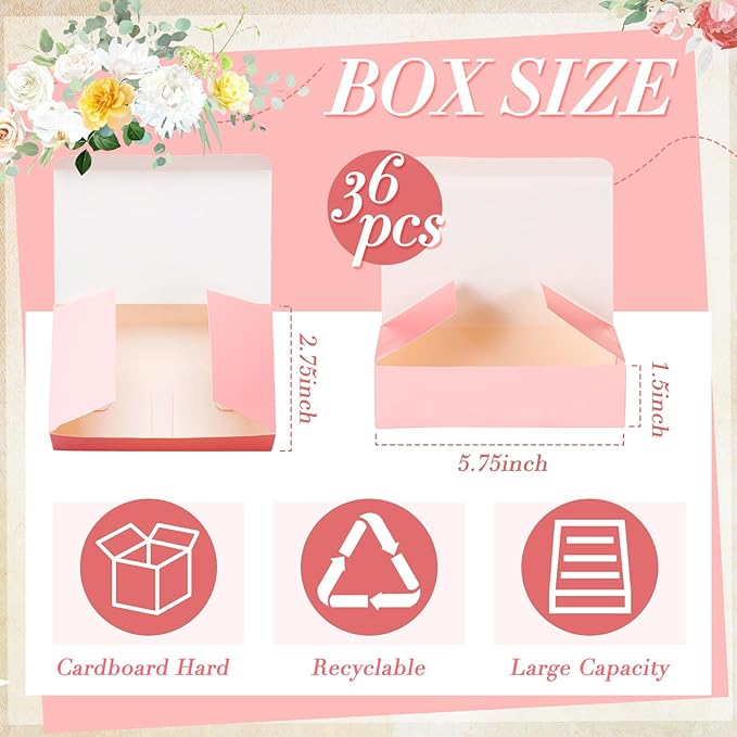 FillTouch 36 Pcs Pink Bakery Boxes 5.75 x 2.75 x 1.5 Inch Pink Cookie Boxes Pastry Box for Cupcakes, Desserts, Cookies, Candies Donuts Cookie Containers for Party Favor and Gifts