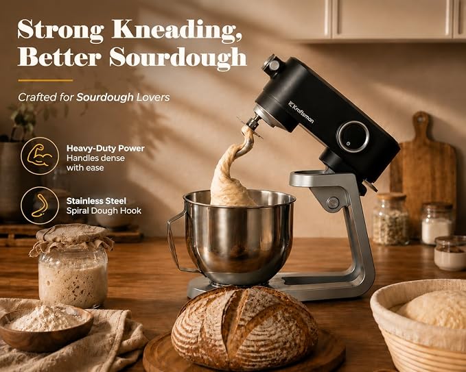 All Metal Stand Mixer DC Motor - 5.3 QT Heavy Duty Pizza Dough Mixer with 4 Stainless Steel Attachments, Quiet Operation with Timer, Verstile Standing Mixer with Power Hub, 8-Speed (Black)