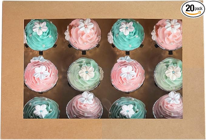ONE MORE [20-Packs] Brown Cupcake Boxes 12 Holders, Cake Carrier Food Grade Kraft Pop-up Bakery Boxes 13.8 x 9.5 x 4inch with Inserts and PVC Windows Fits 12 Cavity Cupcake or Muffins Pack of 20