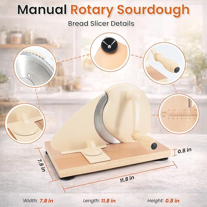 Manual Bread Slicer for Homemade Sourdough Bread, Adjustable Thickness Hand Crank Bread Cutter with Scale Lines, Suction Cup Base, Metal Guide & Sharp Stainless Steel Blade (Cream)