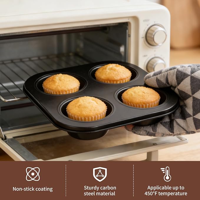 2 Pack 4-Cup Round Muffin Pan, Heavy-Duty Carbon Steel Nonstick Cupcake Baking Pan, 2.56” Standard Size Cups, Compact 7.28” Square Design, Oven & Dishwasher Safe (Black)