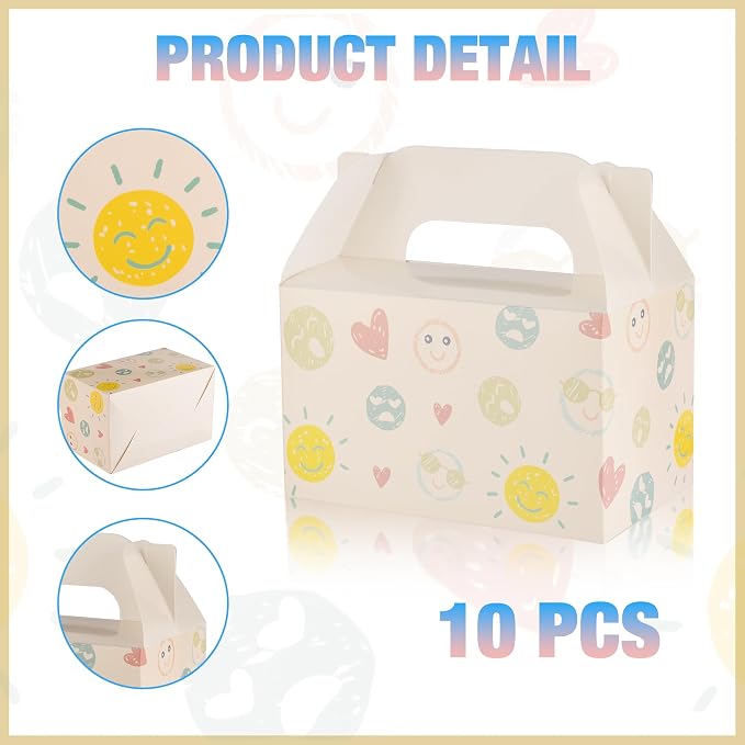 10 PCS White Gable Favor Treat Boxes, 6.5 x 4 x 4 Inches Gift Box with Handle, Cute Goodie Boxes for Sweets, Candy, Cookie, Kids Birthday Party, Baby Shower, Wedding, Back to School, Smile Face