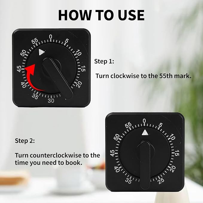 2 Kitchen Timer : Square 60 Minute Mechanical Visual Cooking, Time Management Tools Hour Manual Countdown Timer with Alarm for Kitchen,Baking, Exercise Auto Off No Batteries Required Black White