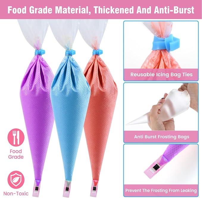 firstake Piping Bags Disposable 14 Inch - 100pcs Piping Bags Set, Anti-Burst Pastry Bags, Frosting Bags, Cake Decorating Bags with 5 Icing Bags Ties, 5 Clips, 3 Cake Scraper, 1 Scriber Needle