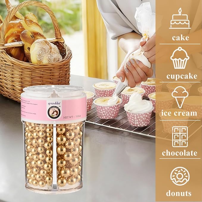 HeDeon&Rles Edible Gold Preals Sprinkles for Baking 4 Size（2mm 4mm 7mm 10mm）Gold Sprinkles for Cake Cupcake Pancake Ice Cream Decoration