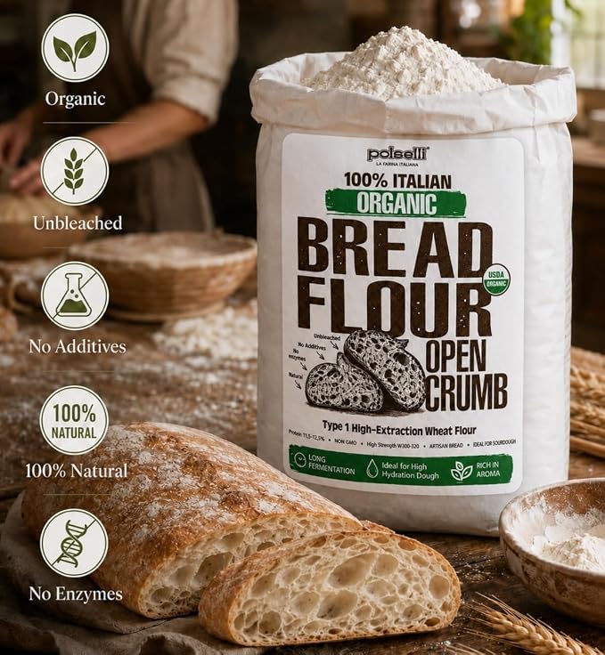 Polselli Organic Bread Flour, High-Extraction Type 1 Wheat Flour, 5 kg | High-protein Italian organic wheat flour for sourdough and artisan breads; unbleached, unbromated, non-GMO, no enzymes