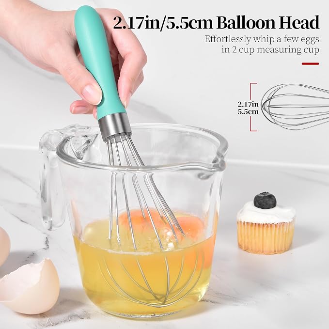 Small Whisk: Stainless Steel 9in Wire Balloon Wisk Kitchen Egg Whisker Heavy Duty Hand Mixer for Cooking Baking Whipping Blending Mixing Stirring Sauce, Flour, chocolate (Aqua Sky)