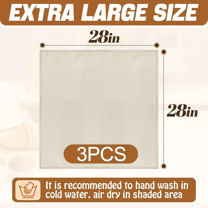 3Pcs 28"x28" Large Tea Towels for Sourdough Bread Baking - 100% Cotton Unbleached Reusable Flour Sack Towels, Proofing Cloth Supplies for Baguettes, Loaves, Ciabatta Dough Rising