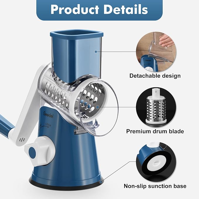 Geedel Rotary Cheese Grater, Kitchen Mandoline Vegetable Slicer with 3 Interchangeable Blades, Easy to Clean Rotary Grater Slicer for Cheese, Vegetables, Nuts
