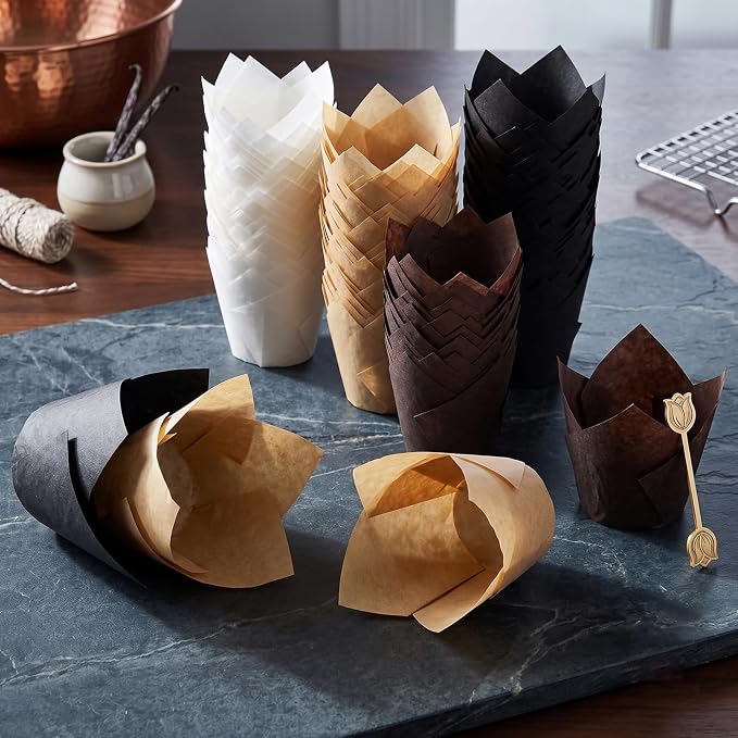 200 Pcs Tulip Cupcake Liners for Baking, White Natural Brown Black | Standard Greaseproof Tulip Muffin Liners for Baking, 3oz Paper Cupcake Wrappers for Party Wedding Birthday